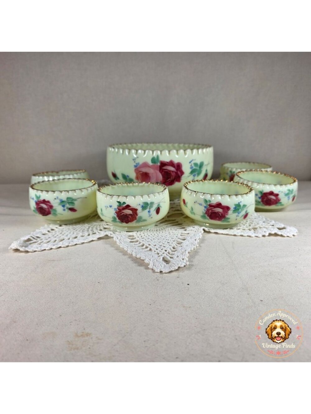 Antique Jefferson Optic Custard Glass Berry Bowl Set 7 Pc Hand Painted Roses Gol